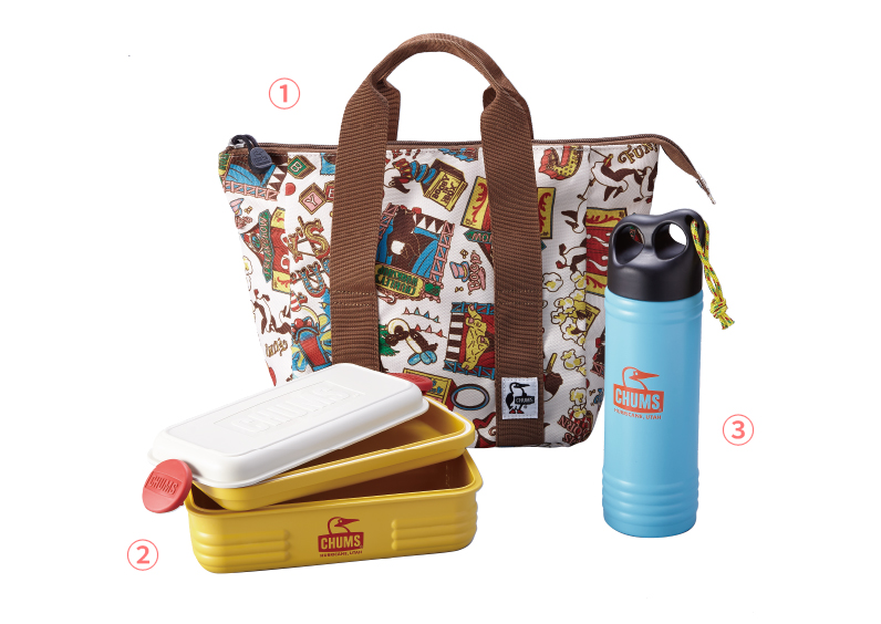 ① 回收便當手提袋 (約4L) (2) 食物容器M (約1,100mL) (3) 露營波波瓶500mL