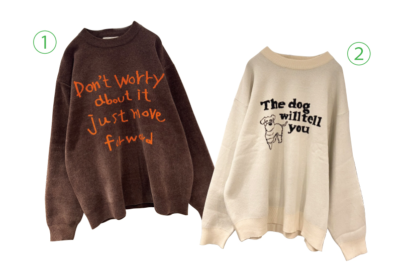 ①モールJQDレターニット ②wakazoo ニットCN