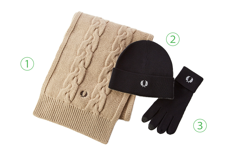 ①Cable Scarf ②Classic Beanie ③Classic Merino Wool Gloves