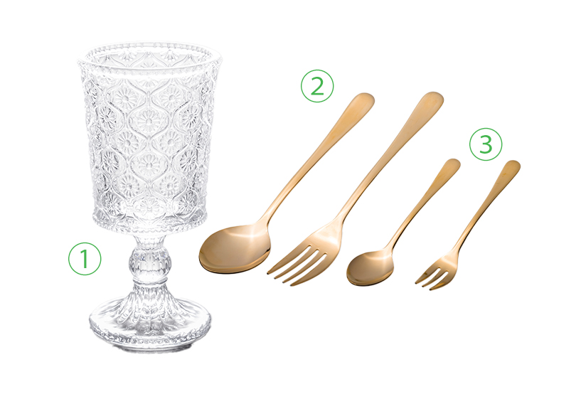 ①ガラス足つきグラスエンボスフラワー ②TSUBAME デザートスプーン・フォーク ③TSUBAME コーヒースプーン・姫フォーク